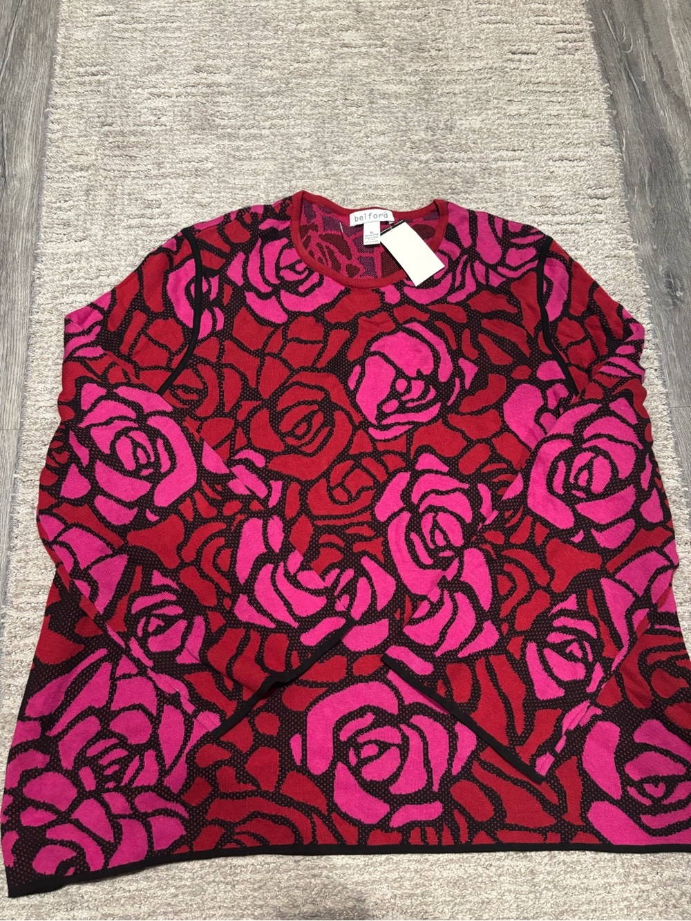 Belford Ford Pink & Red Rose Pattern Crewneck Sweater size XL